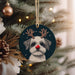 a christmas ornament with a dog wearing reindeer antlers