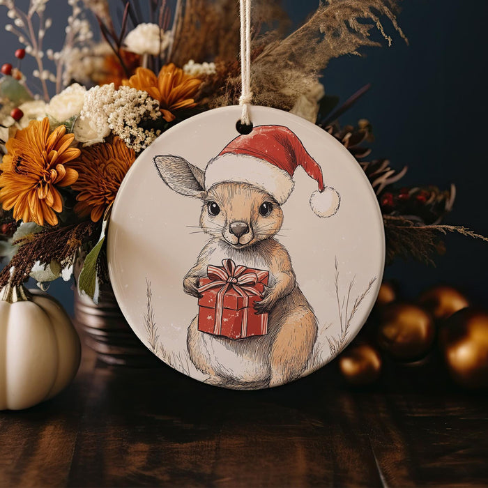 a christmas ornament with a picture of a kangaroo holding a present