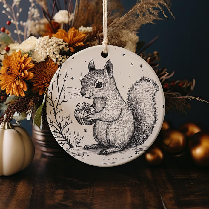 a ceramic ornament with a picture of a squirrel