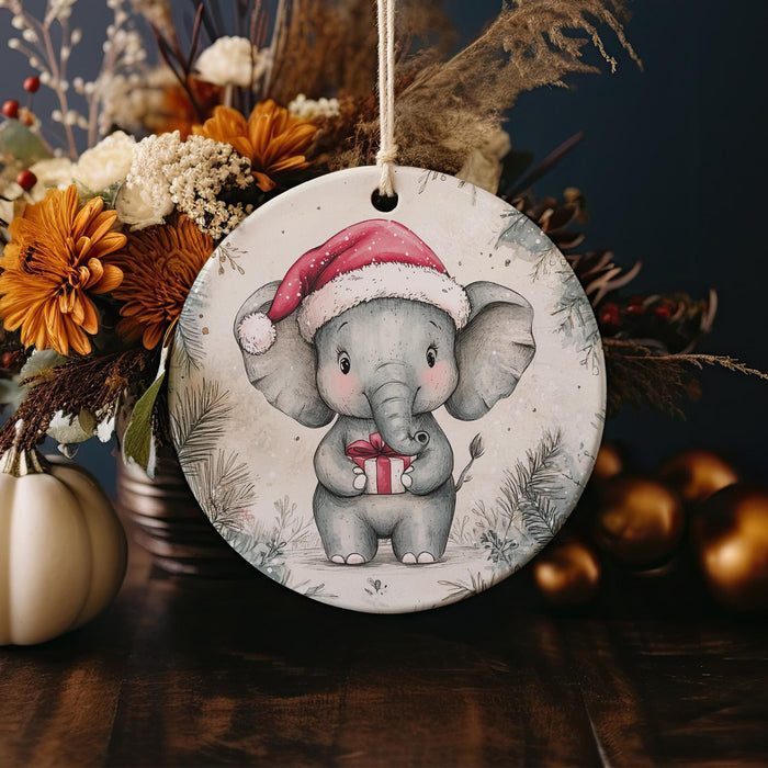 a christmas ornament with an elephant wearing a santa hat