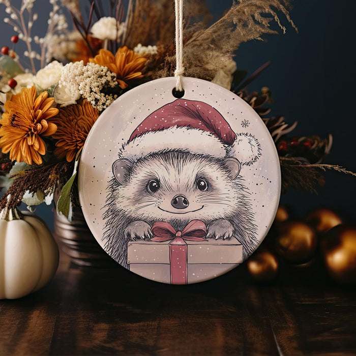 a christmas ornament with a hedge holding a present