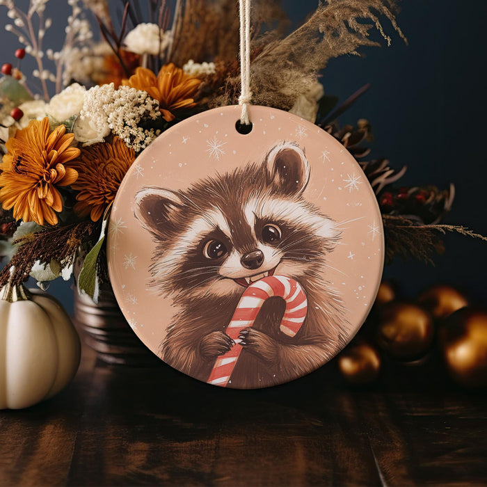 a ceramic ornament with a picture of a raccoon holding a candy