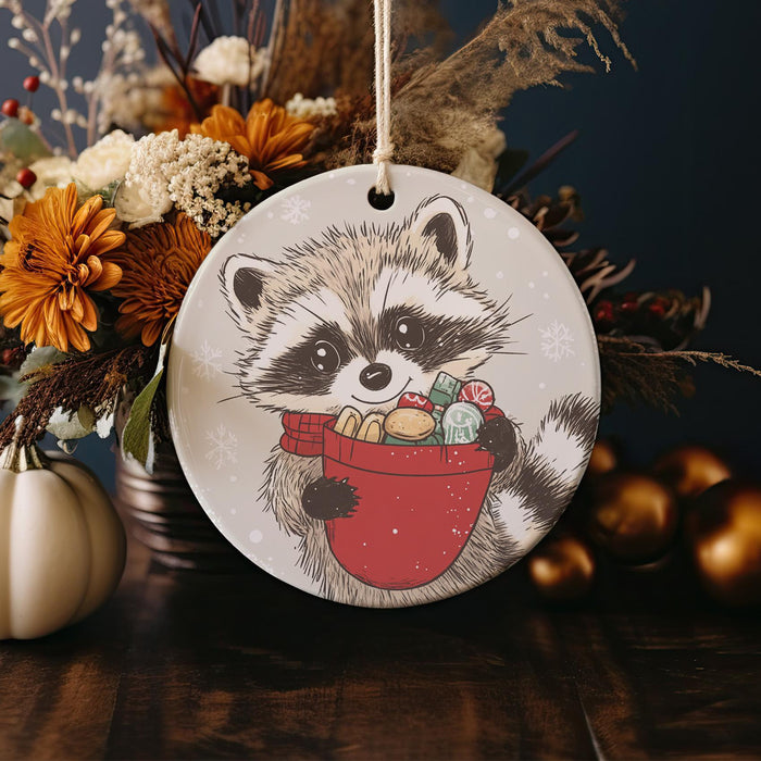 a ceramic ornament with a raccoon holding a basket