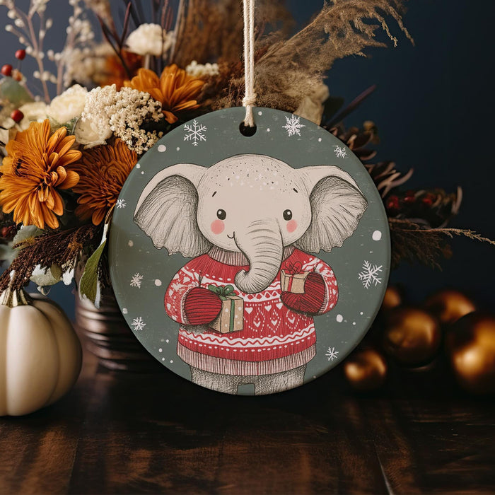 a christmas ornament with an elephant wearing a sweater