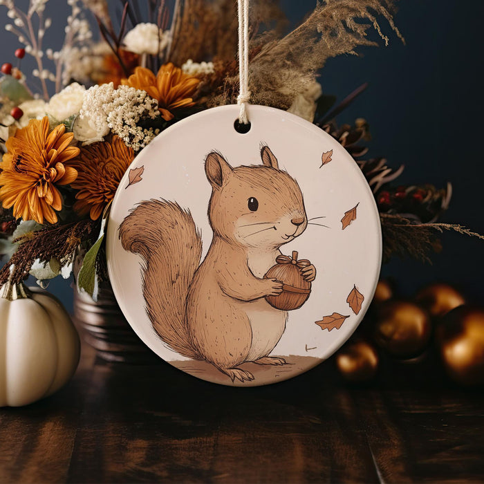 a ceramic ornament with a picture of a squirrel
