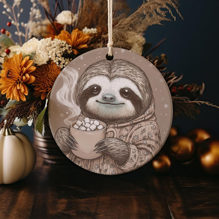 a ceramic ornament with a slotty holding a cup of coffee