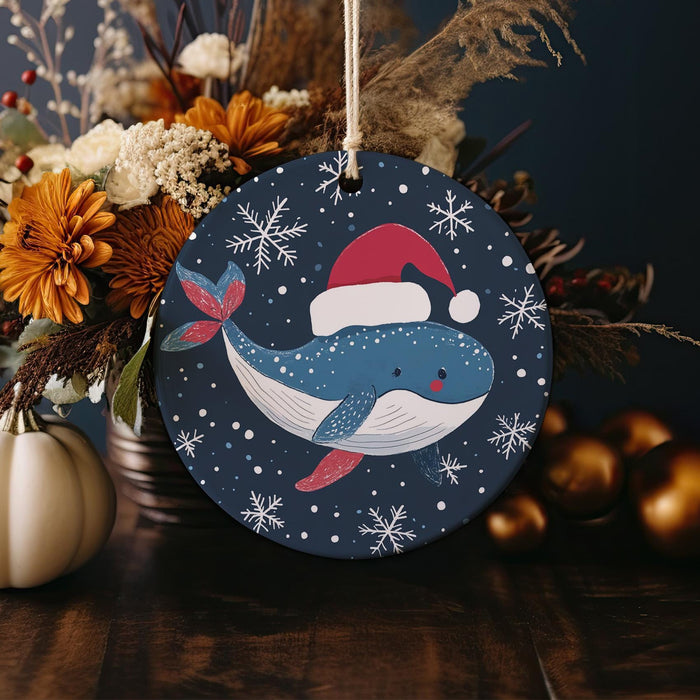 a christmas ornament with a whale wearing a santa hat