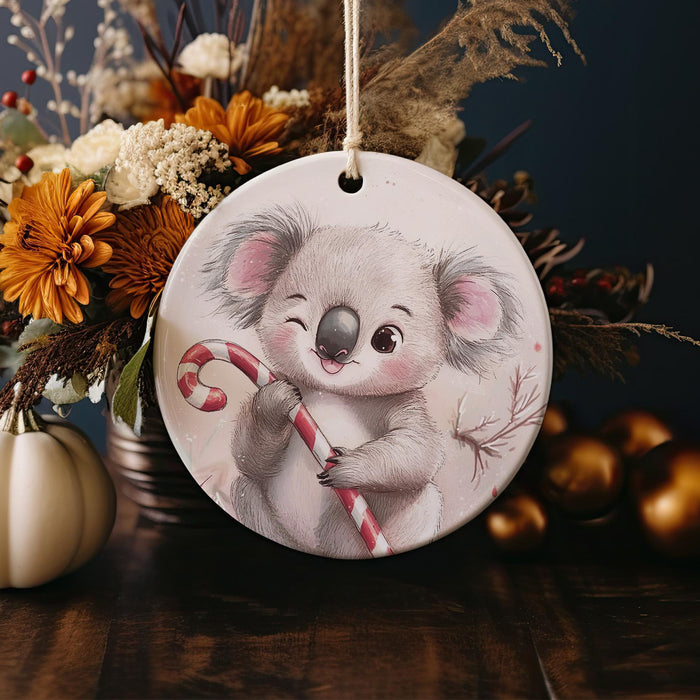 a christmas ornament with a koala holding a candy cane