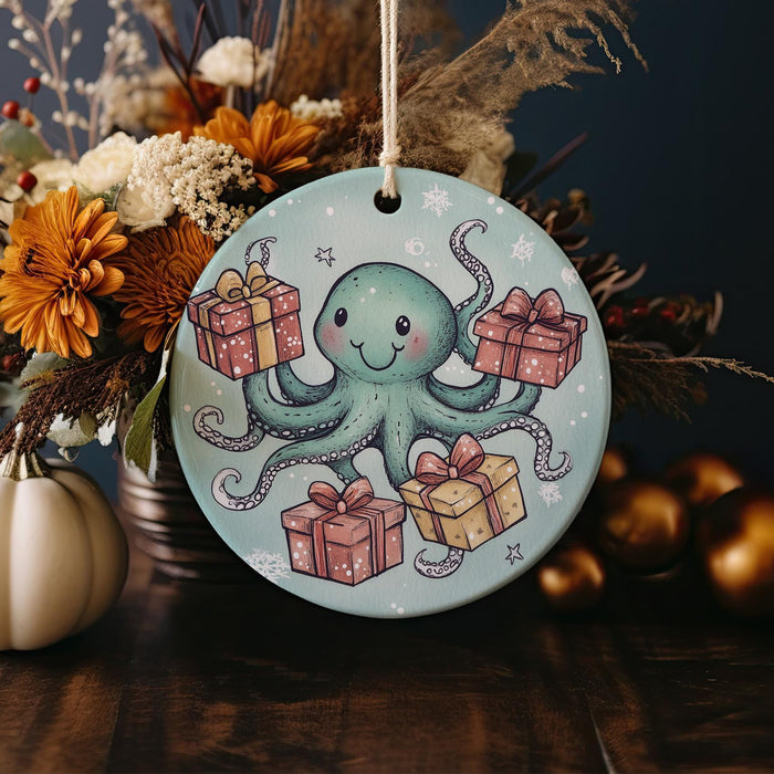 a ceramic ornament with an octopus holding gifts