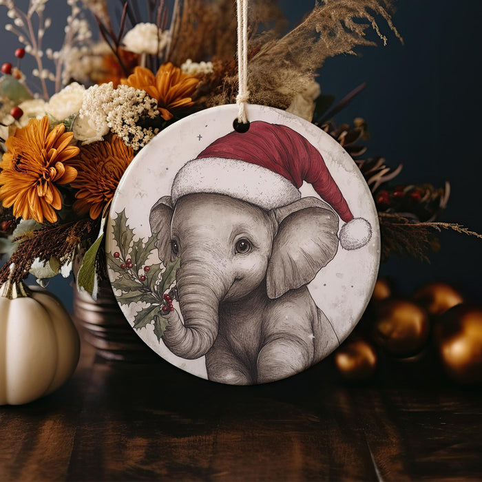 a christmas ornament with an elephant wearing a santa hat