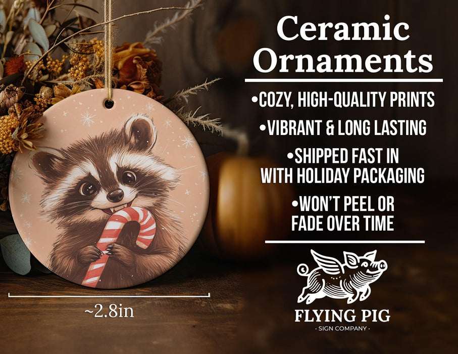 a ceramic ornament with a raccoon holding a candy cane