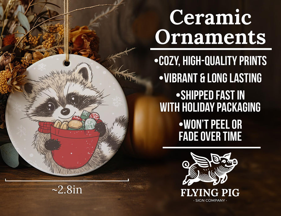 a ceramic ornament with a raccoon eating a bowl of food