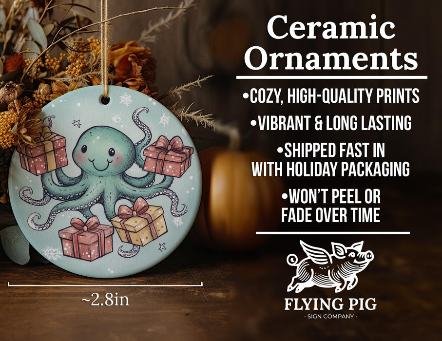 a ceramic ornament with an octopus holding presents