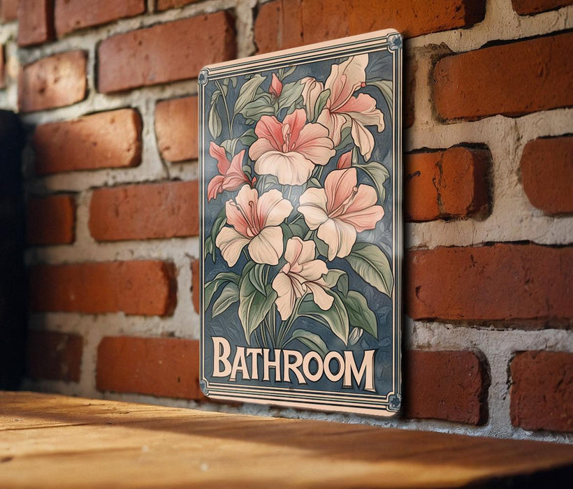 a bathroom sign on a brick wall next to a wooden table