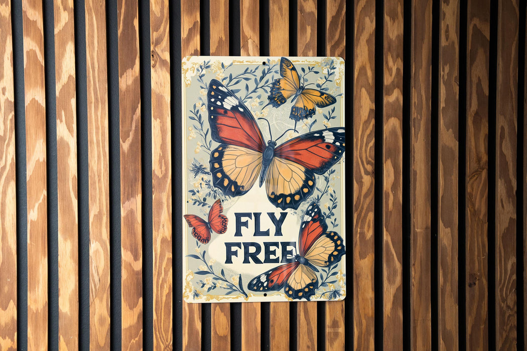 a wooden wall with a sign that says fly free