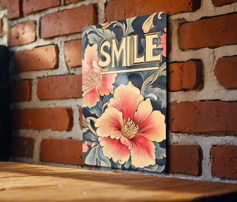 a sign that says smile on a brick wall