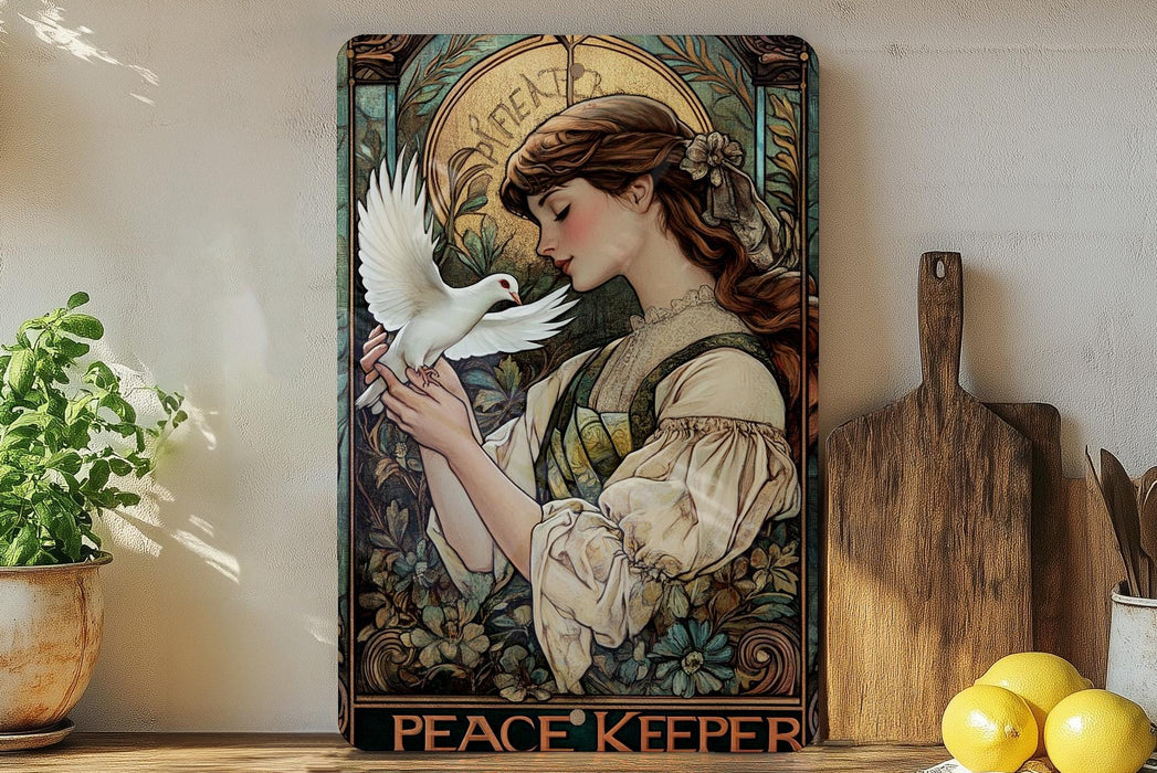 a painting of a woman holding a white dove