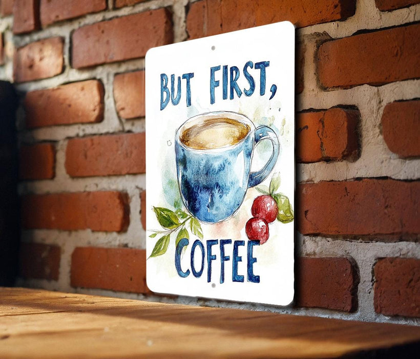 a sign that says, but first, coffee with a picture of a cup of