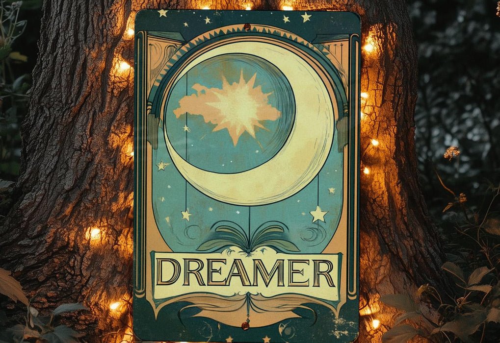 a sign that is on a tree with lights around it