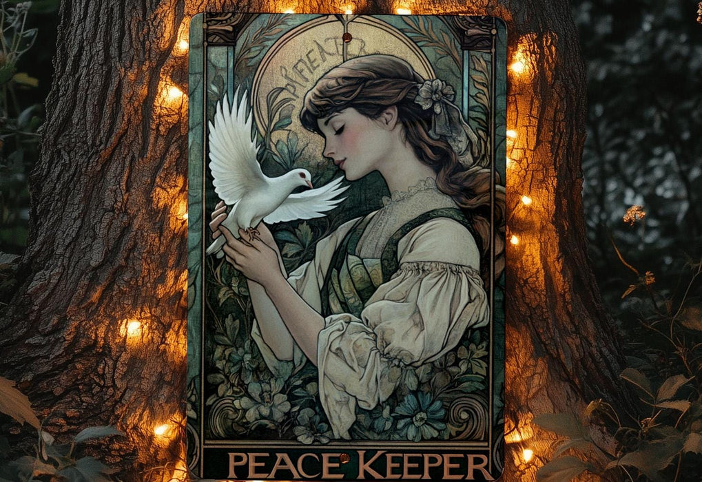 a painting of a woman holding a white bird