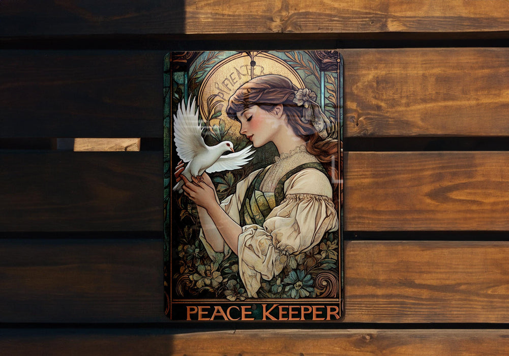 a painting of a woman holding a white bird
