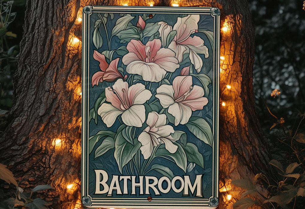 a bathroom sign with lights around it on a tree