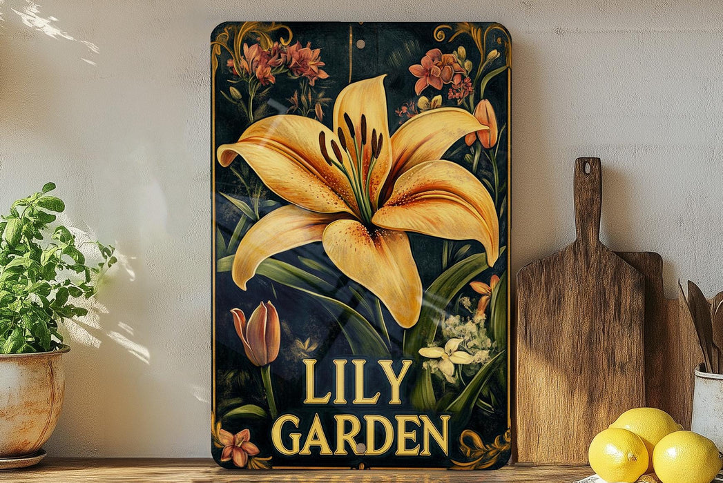 a painting of a yellow lily on a shelf