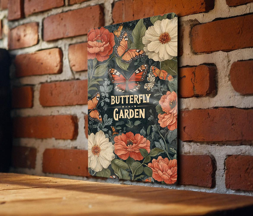 a picture of a butterfly garden on a brick wall