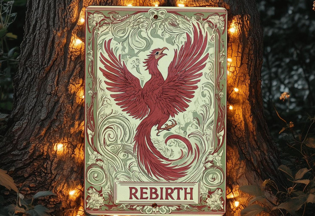 a sign with a red bird on it in front of a tree