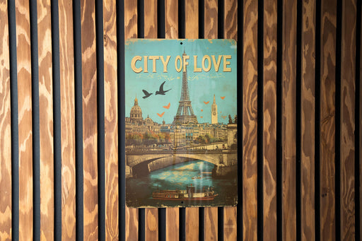 a city of love book hanging on a wooden wall