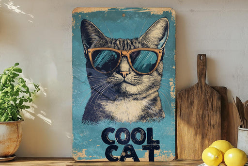a painting of a cat wearing sunglasses on a shelf
