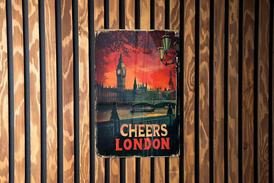 a sign on a wooden wall with a clock tower in the background