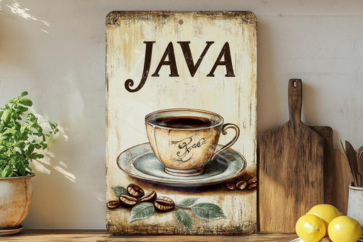 a painting of a cup of coffee on a shelf