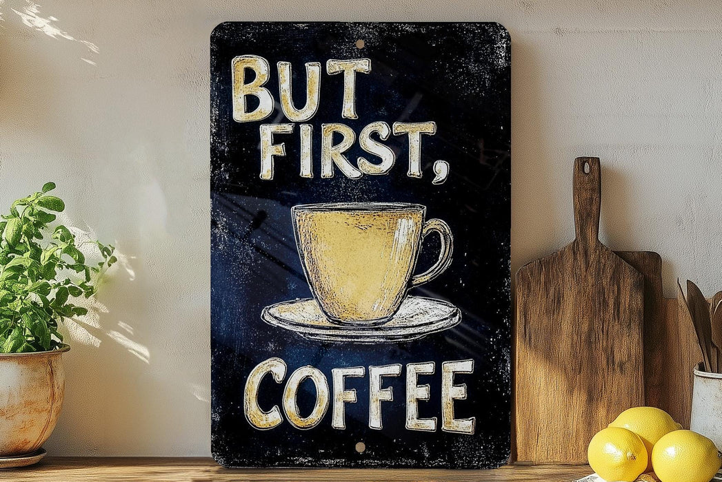 a sign that says, but first, coffee