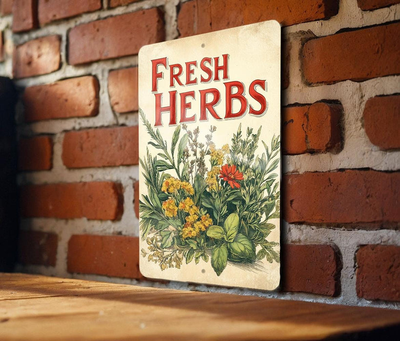 a sign on a brick wall that says fresh herbs