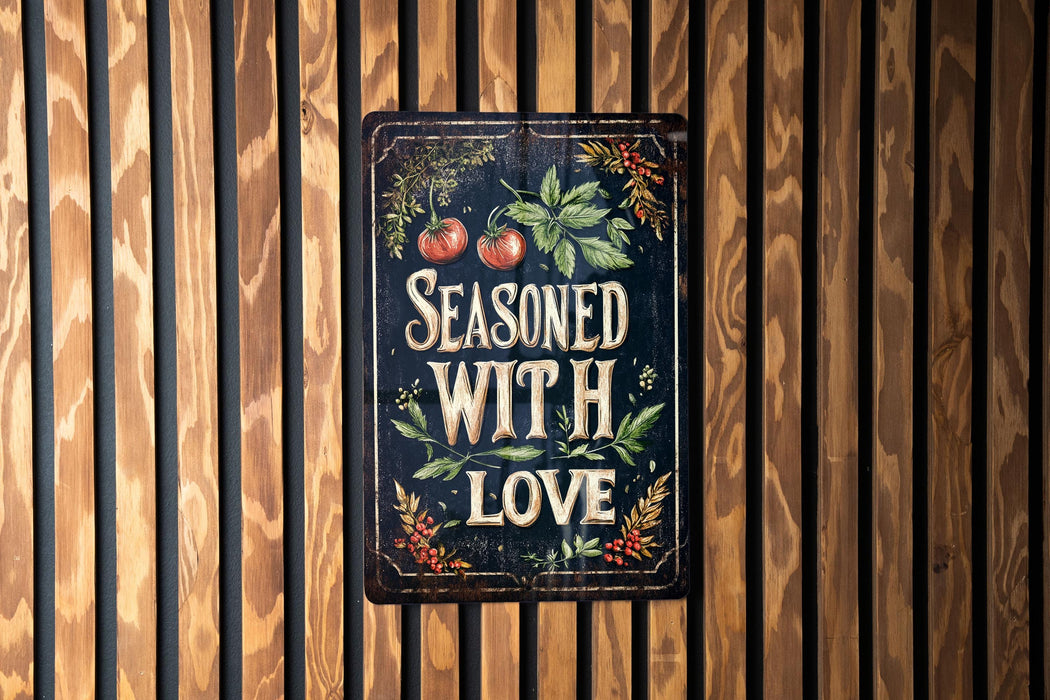 a sign on a wooden wall that says seasoned with love