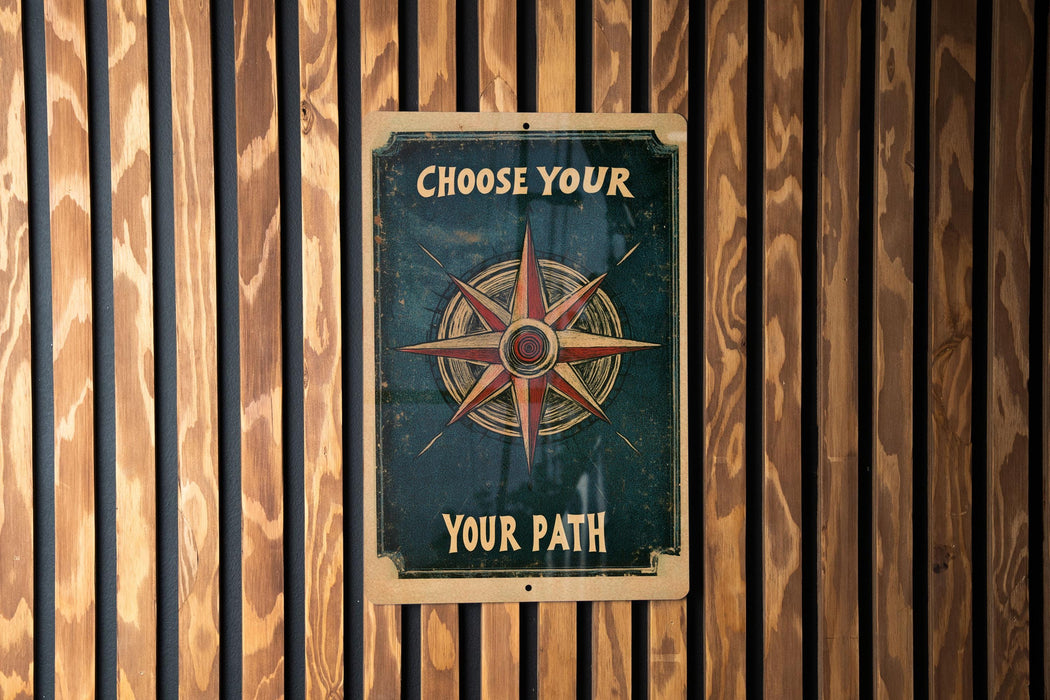 a sign on a wooden wall that says choose your path