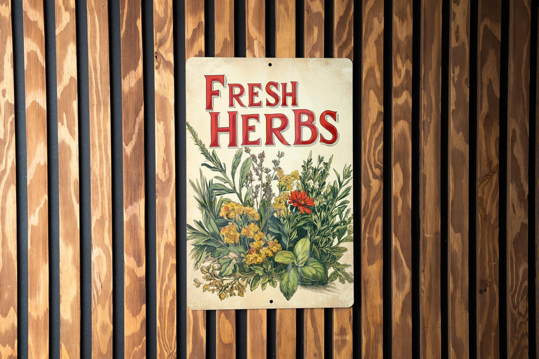 a sign on a wooden wall that says fresh herbs