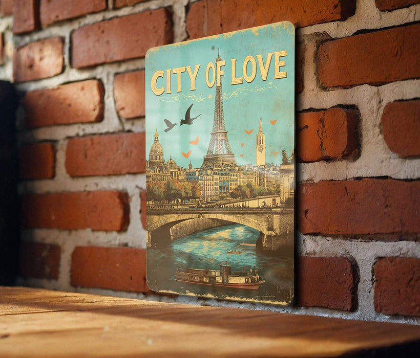a picture of a city of love hanging on a brick wall