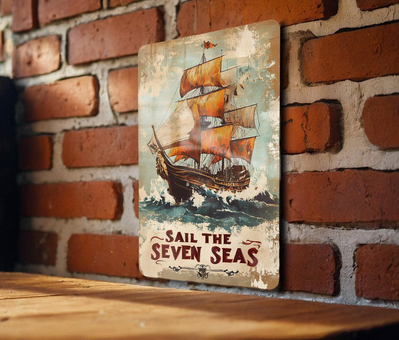 a picture of a sail the seven seas on a brick wall