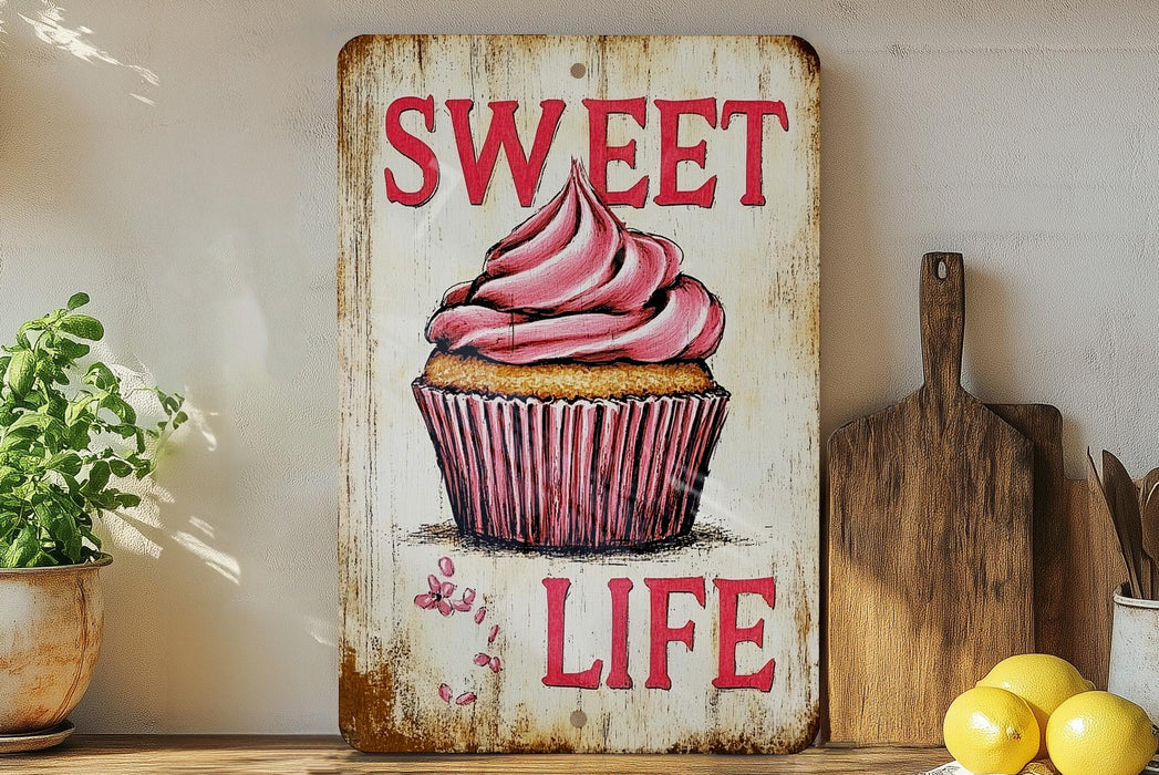 a sign that says sweet life with a cupcake on it