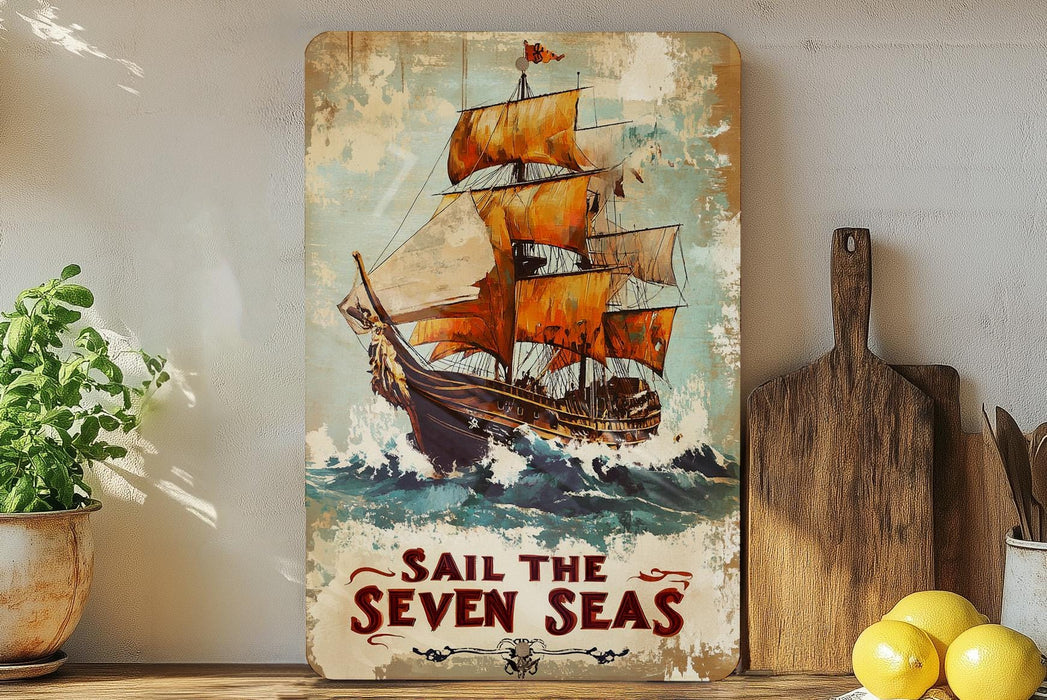 a painting of a sail the seven seas on a shelf