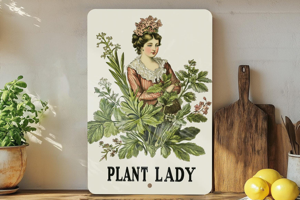 a plant lady sign on a shelf next to a potted plant