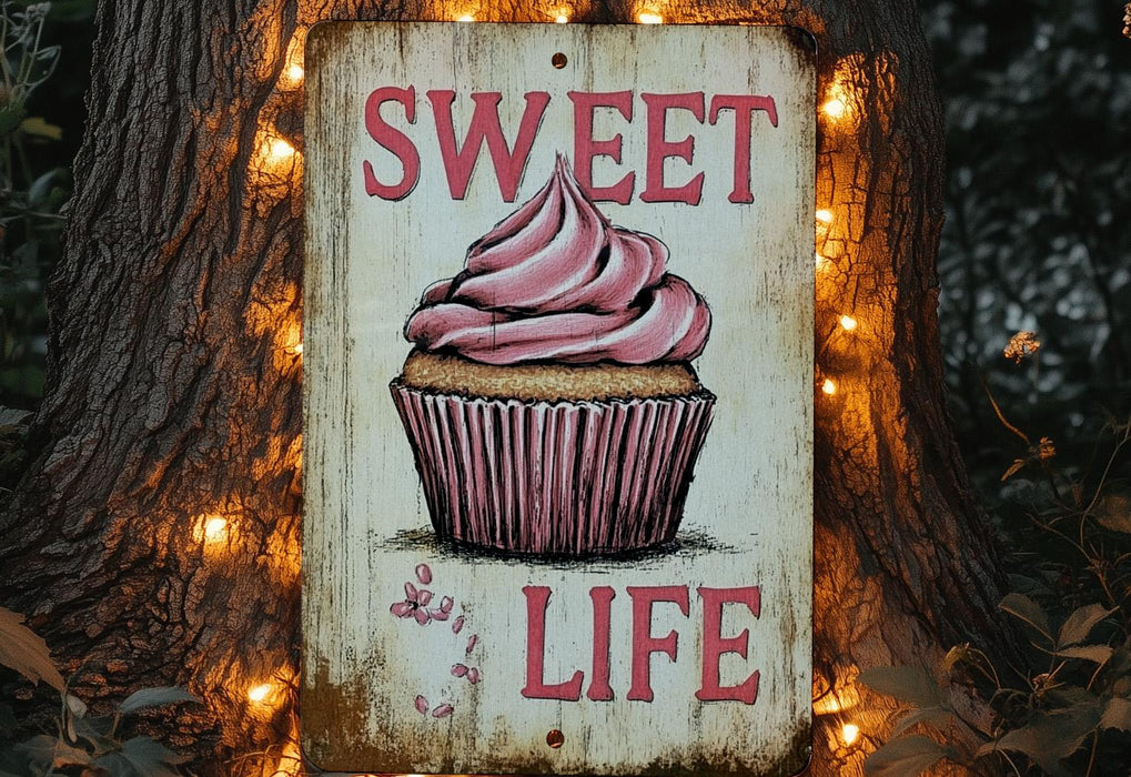 a sign with a picture of a cupcake on it