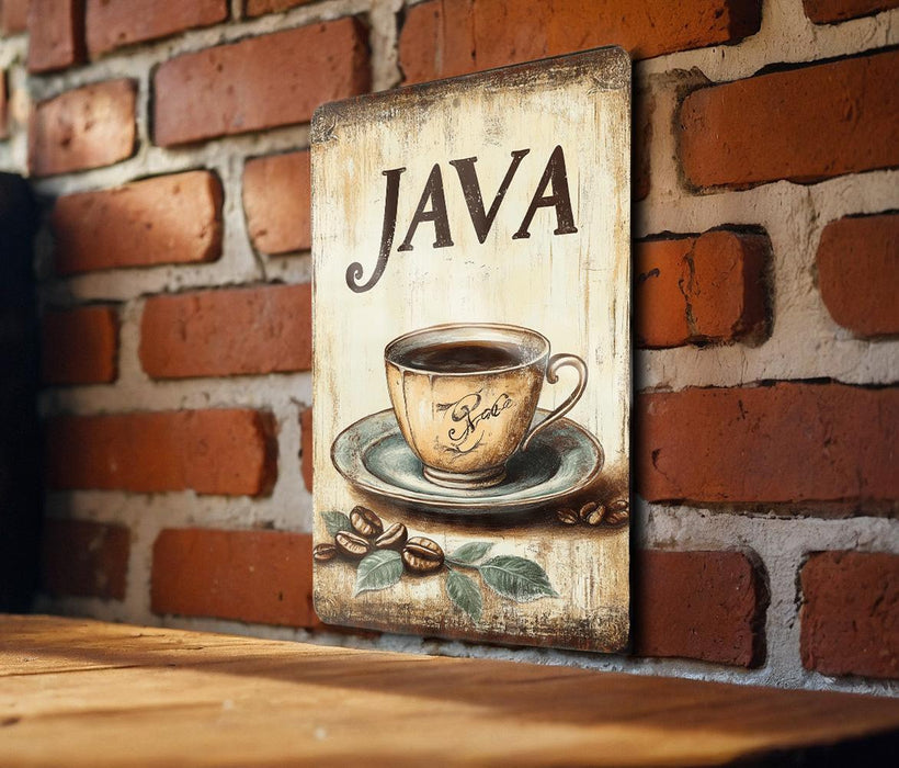 a painting of a coffee cup on a brick wall