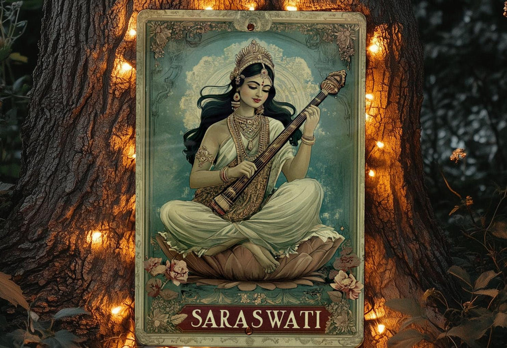 a painting of a woman playing a sit on a tree