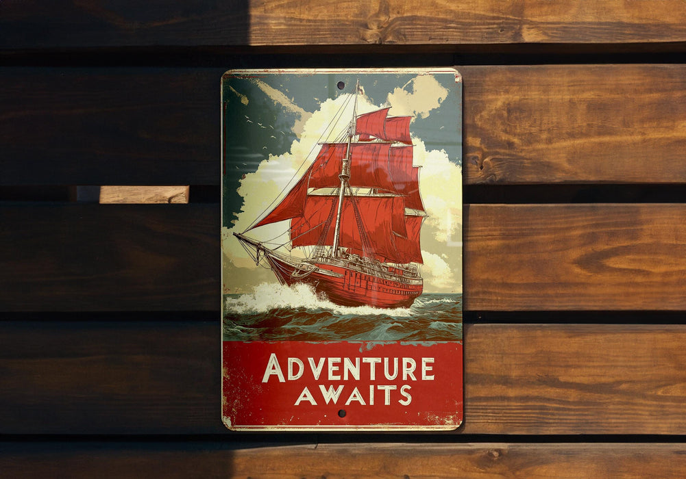 a sign on a wooden wall that says adventure awaits
