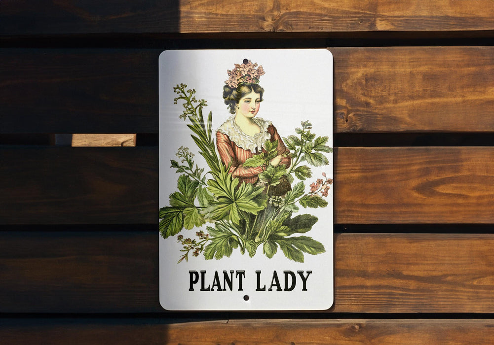a plant lady sign on a wooden bench