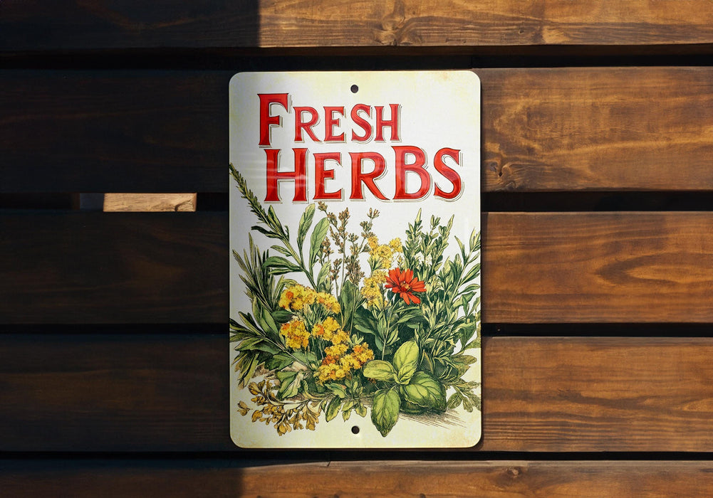 a sign on a wooden bench that says fresh herbs