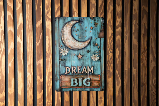 a sign on a wooden wall that says dream big